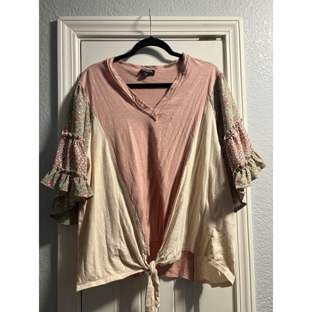 Gigio Top Women Large Pink Mixed Print Ruffle Sleeve Front Tie Boho TC1957